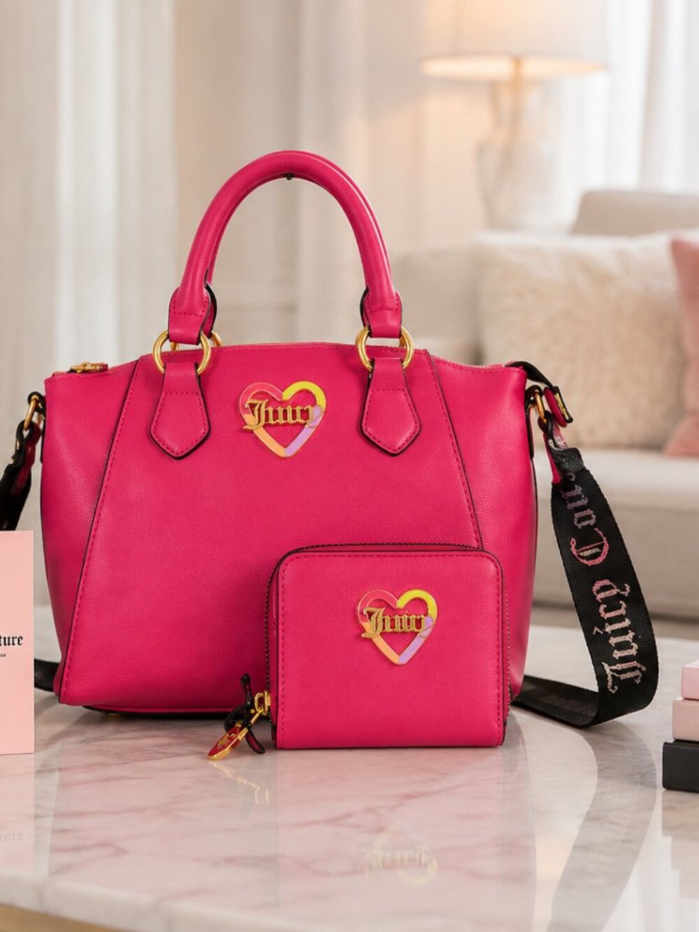 Juicy Couture Pink Flash ‘Love Mode’ Satchel & Wallet Set NWT Crossbody